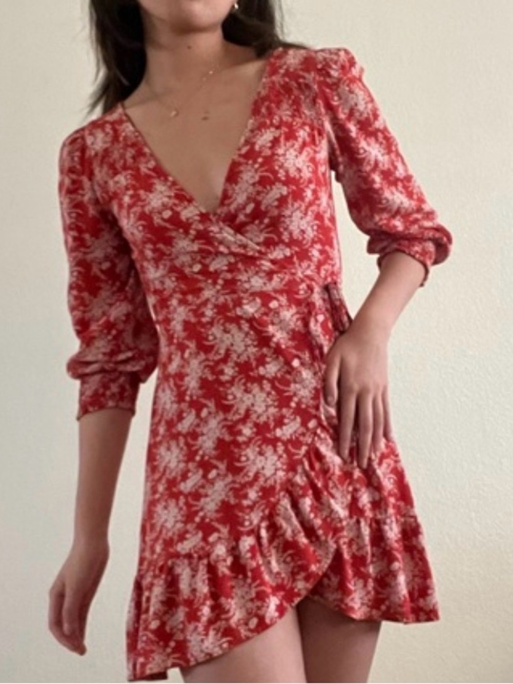 Red Floral V-Neck Wrap Mini Dress